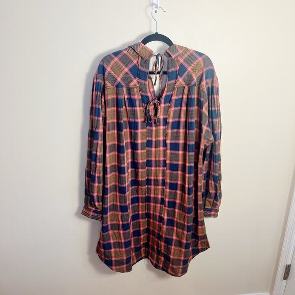 Free People Plaid Wild Side Tunic Flannel Size Medium Pink Brown - Picture 9 of 11